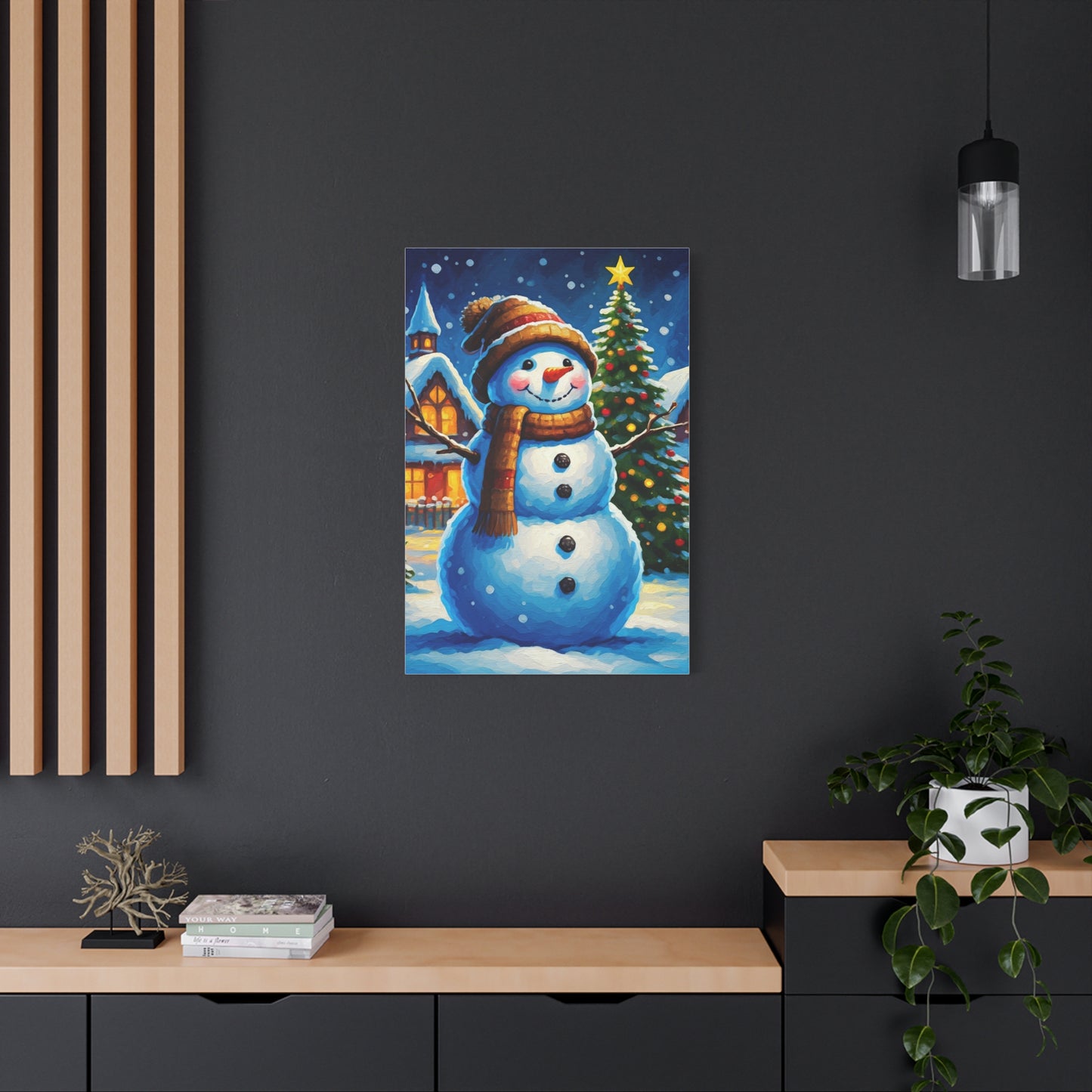 Artistic Snowman in Winter Village Scene Wall Art & Canvas Print