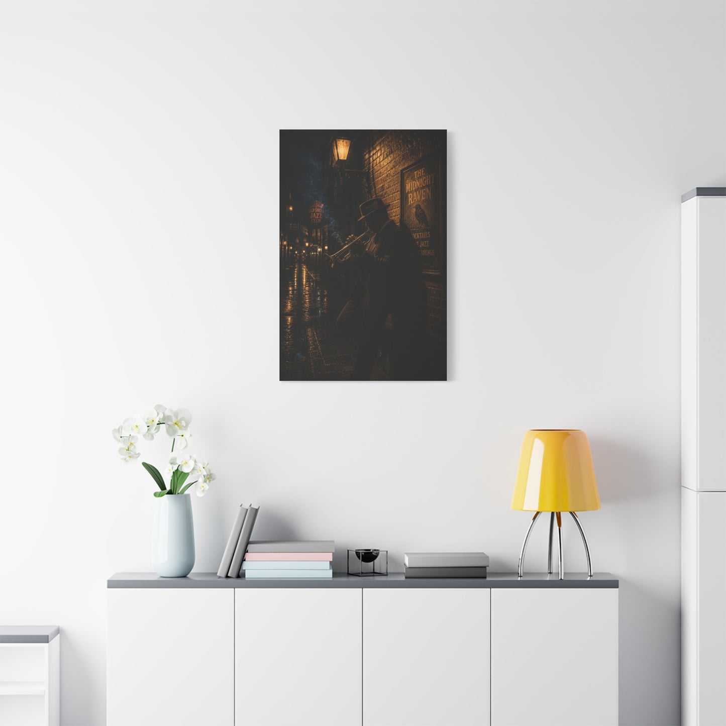 Midnight Jazz Alley Trumpeter Wall Art & Canvas Print