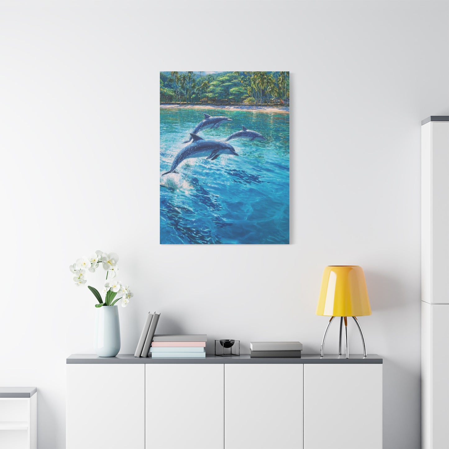 Dolphins Leaping Near Tropical Coastline Wall Art & Canvas Print