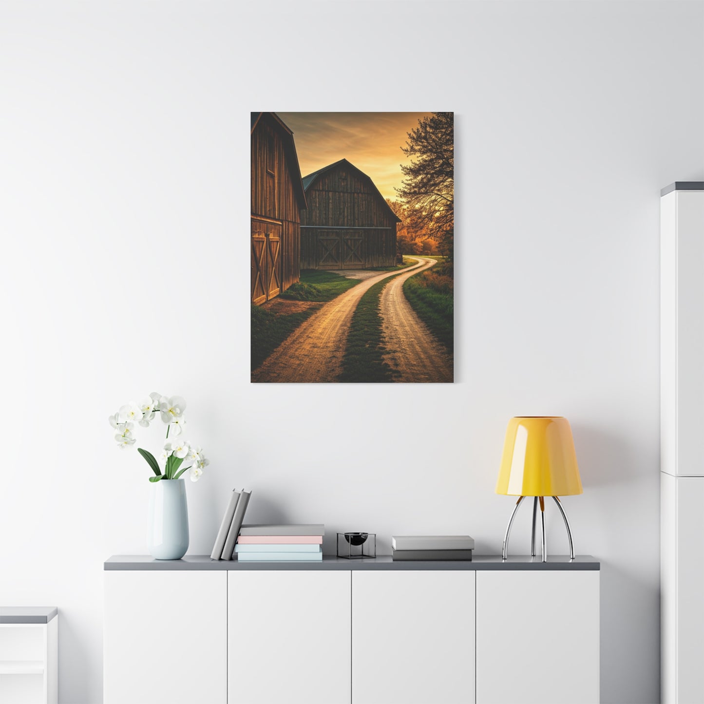 Country Road Between Rustic Barns at Golden Hour Wall Art & Canvas Prints