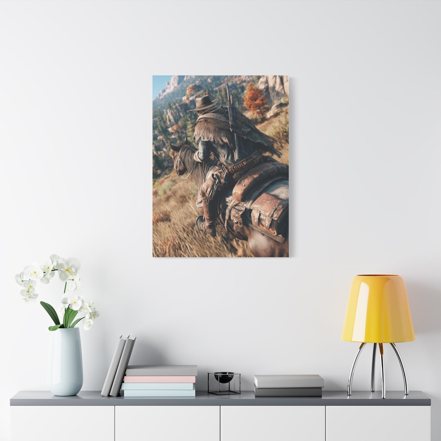 Cowboy Riding Through Mountain Canyon Wall Art & Canvas Print