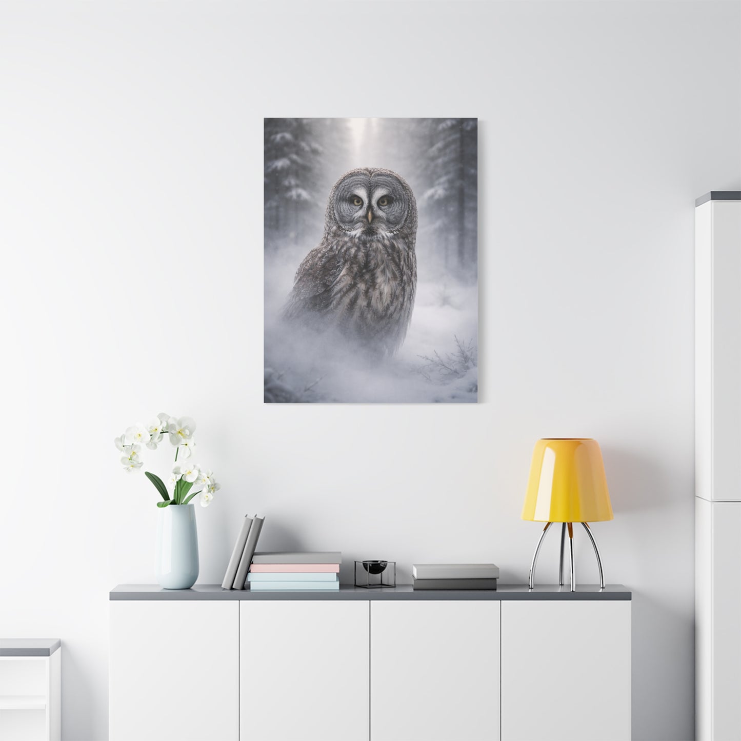 Great Grey Owl Winter Mist Portrait Wall Art & Canvas Print