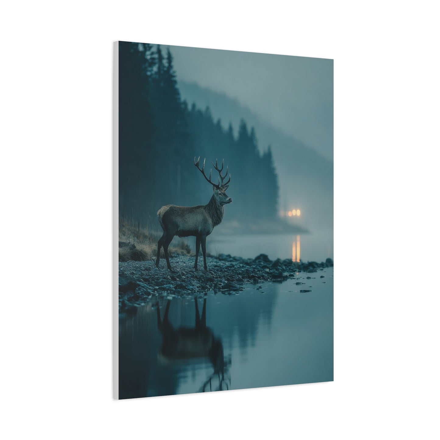 Blue Hour Lakeside Stag Reflection Wall Art & Canvas Print