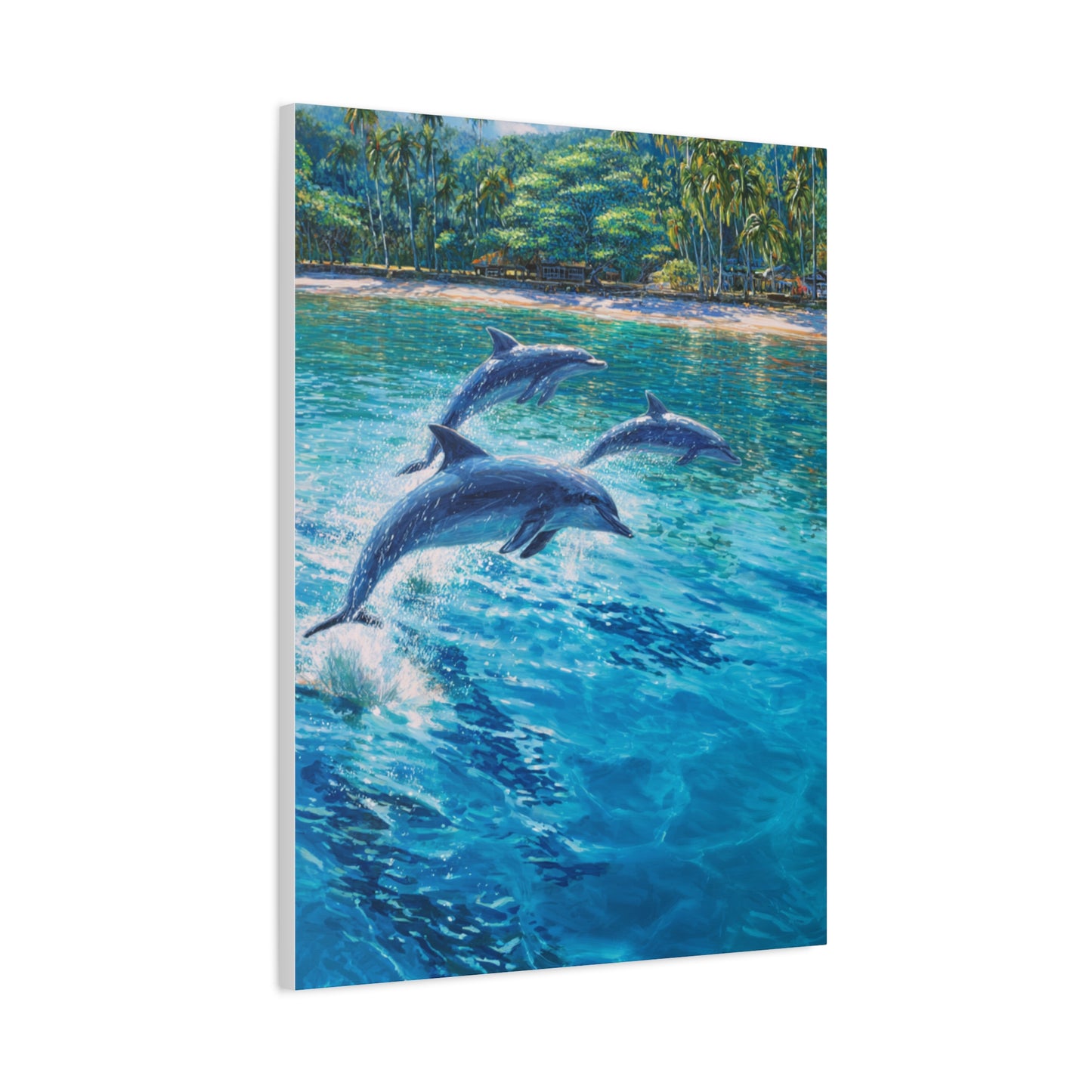 Dolphins Leaping Near Tropical Coastline Wall Art & Canvas Print