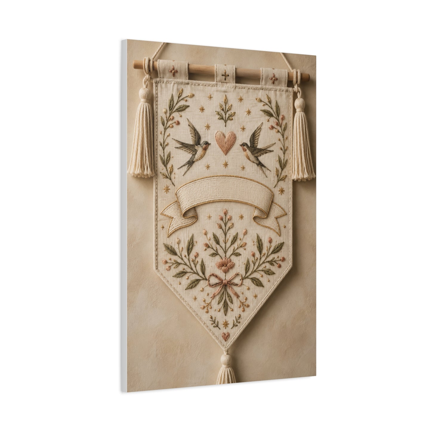 Hand-Embroidered Romantic Birds Textile Wall Art & Canvas Print