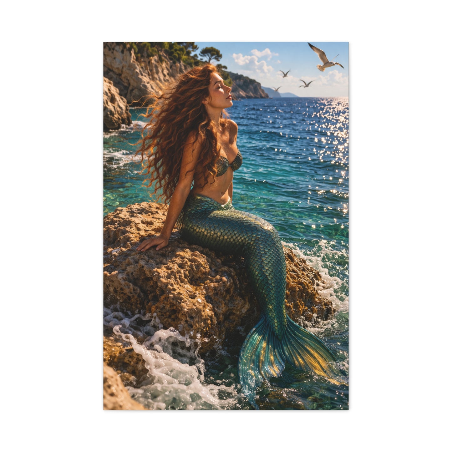 Sunlit Coastal Mermaid Escape Wall Art & Canvas Print