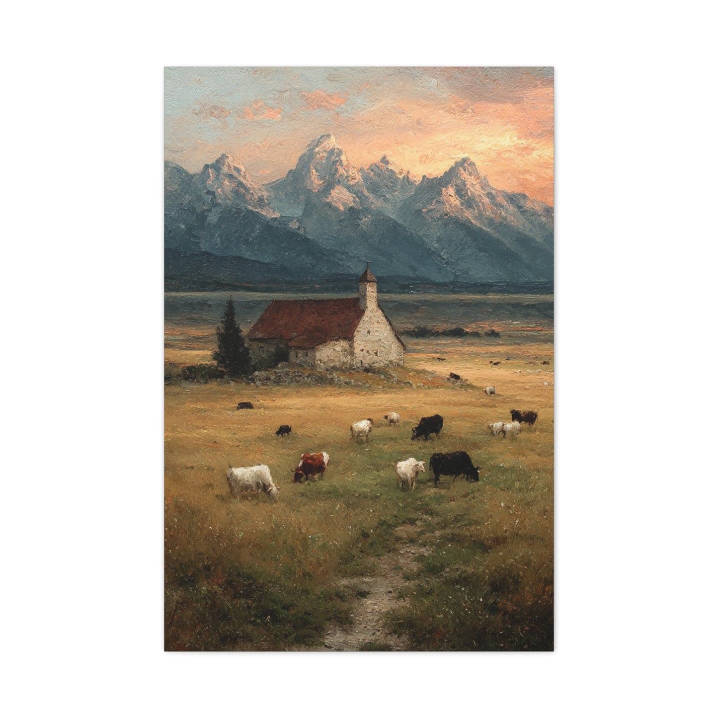 Rustic Mountain Farm Bulls & Cows Painting Wall Art & Canvas Print