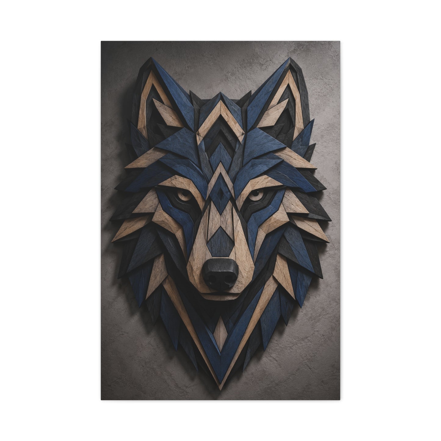 Layered Blue Geometric Wolf Head Sculpture Wall Art & Canvas Print