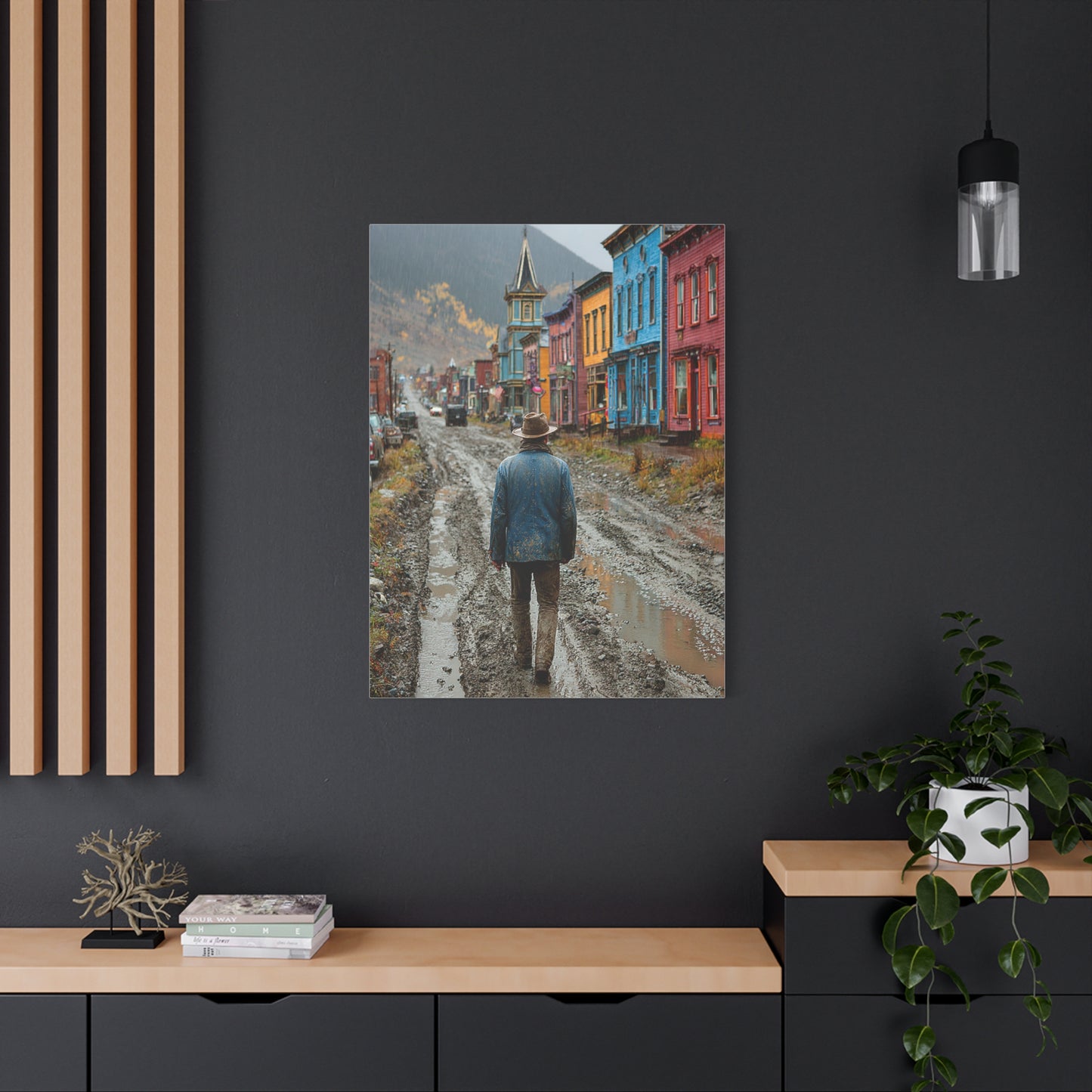 Lone Cowboy Walking Through a Rainy Frontier Street Wall Art & Canvas Print