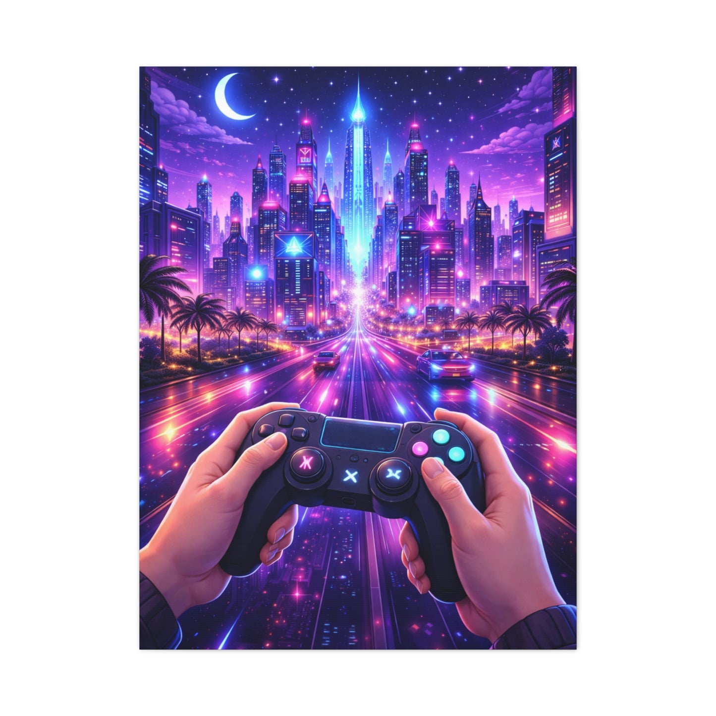 Cyberpunk Night Drive Gaming Scene Wall Art & Canvas Print