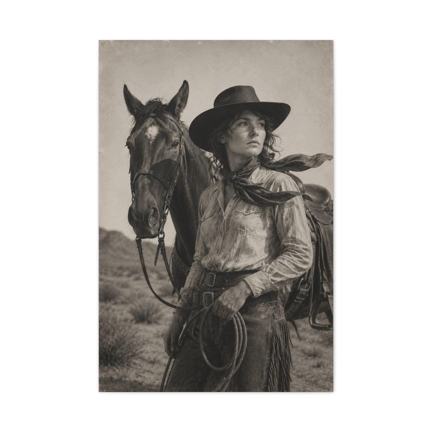 Black & White Cowgirl Portrait with Horse Wall Art & Canvas Print