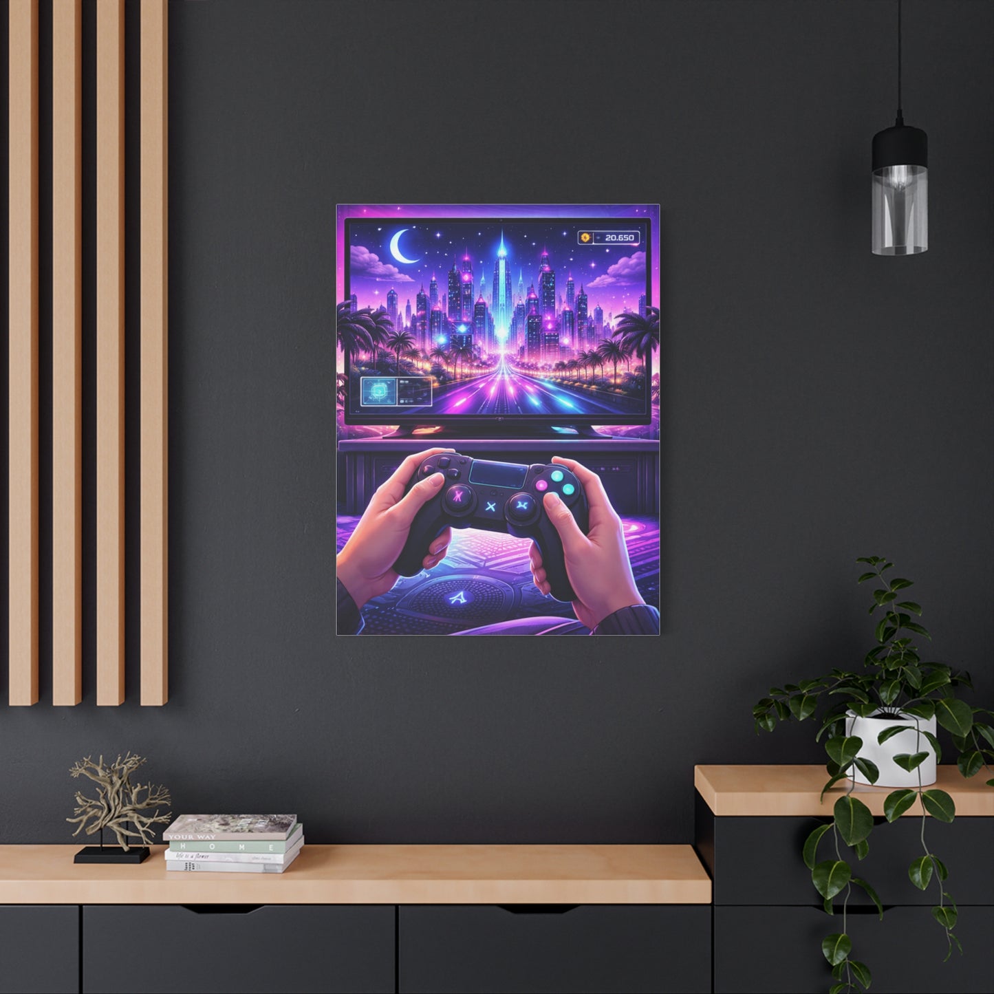 Neon Gamer Cityscape Wall Art & Canvas Print