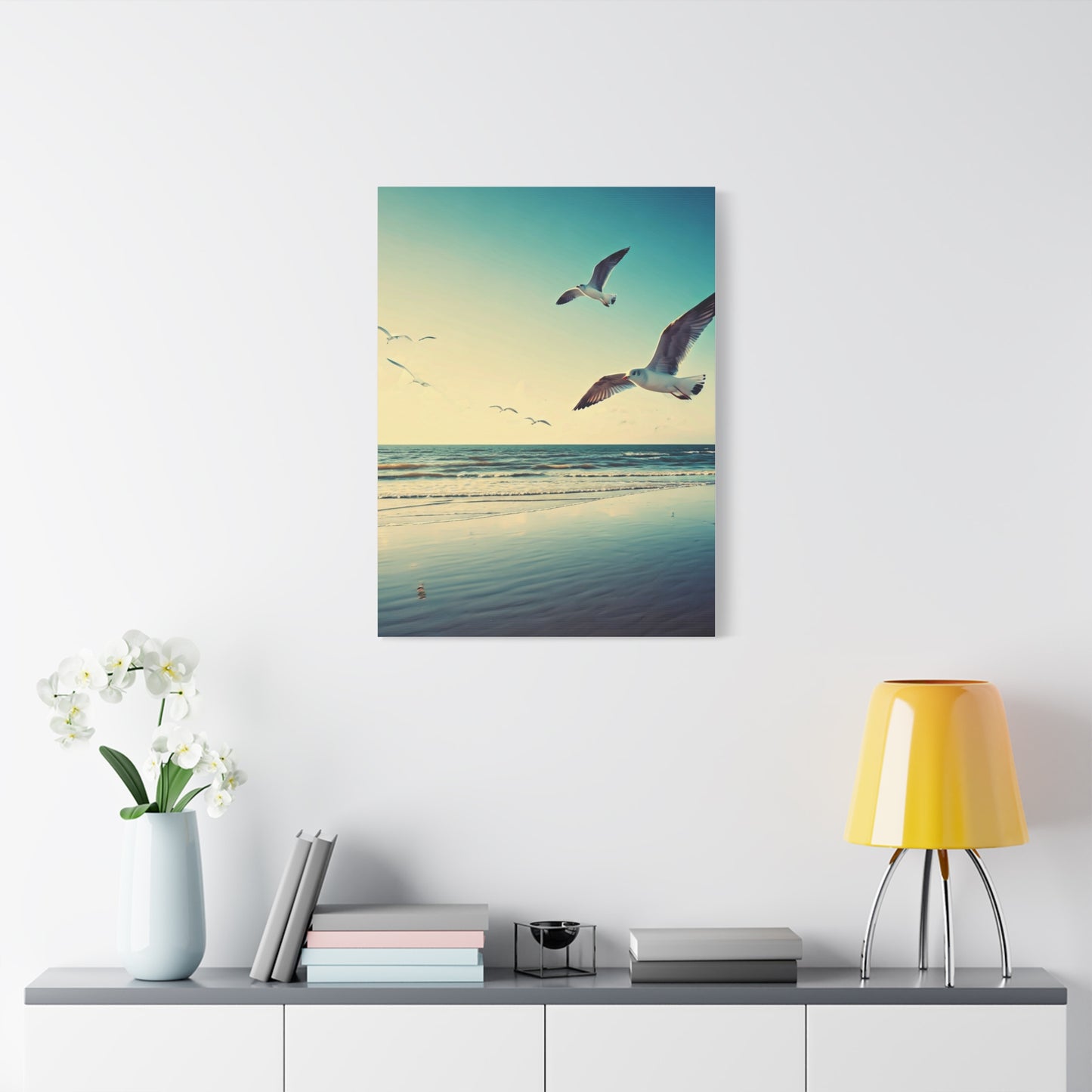 Seagulls in Flight Over Gentle Waves Wall Art & Canvas Prints