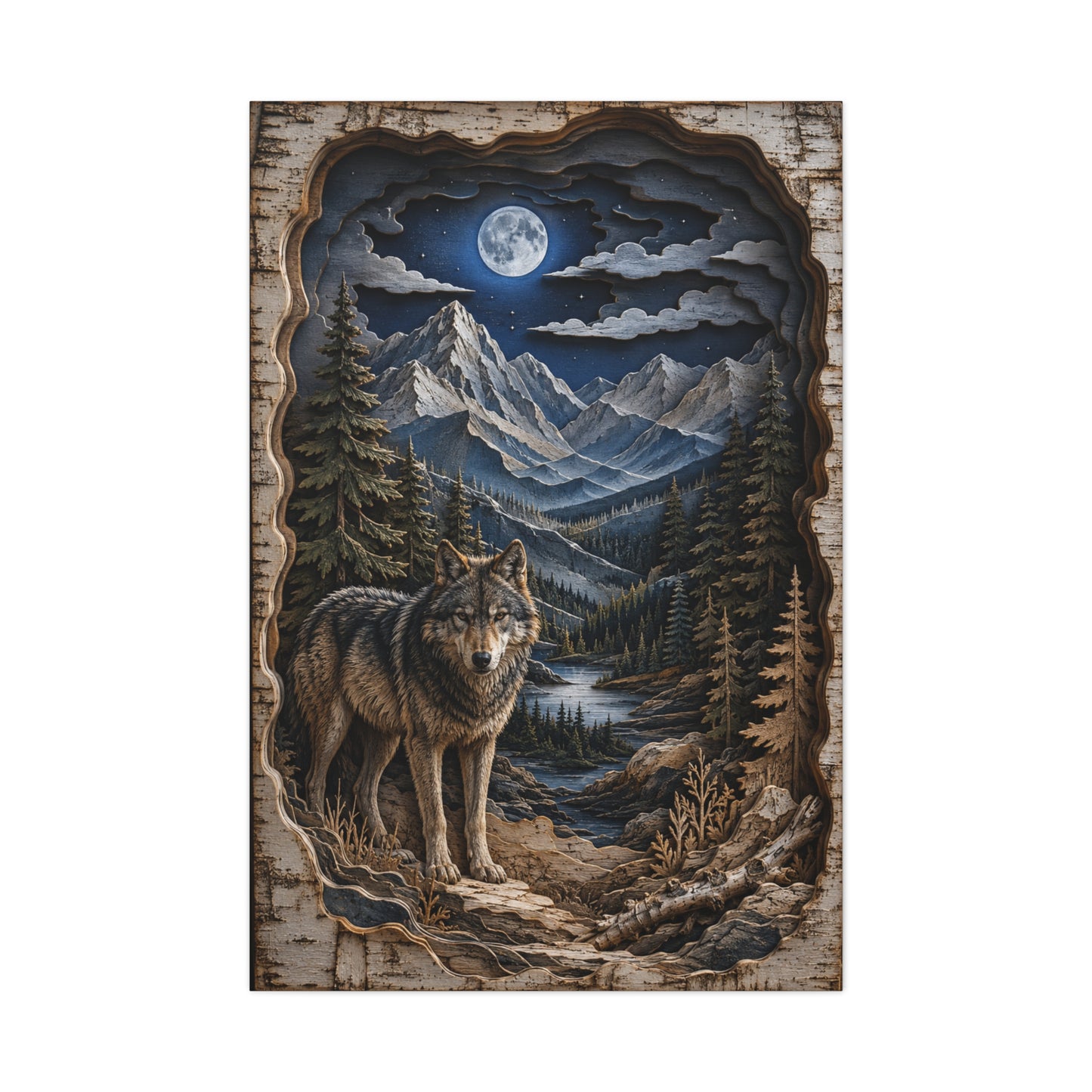 Rustic Mountain Wolf Shadowbox Landscape Wall Art & Canvas Print