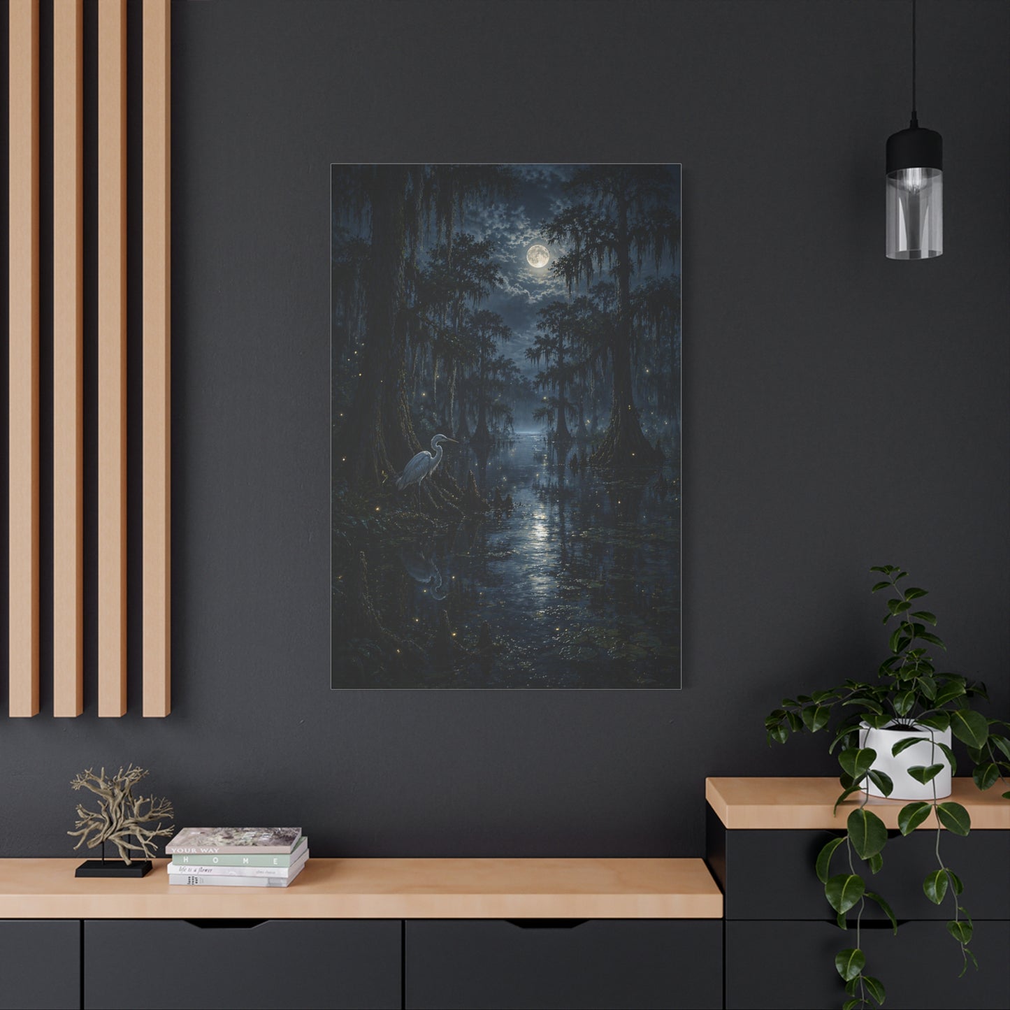 Moonlit Bayou Heron Scene Wall Art & Canvas Print