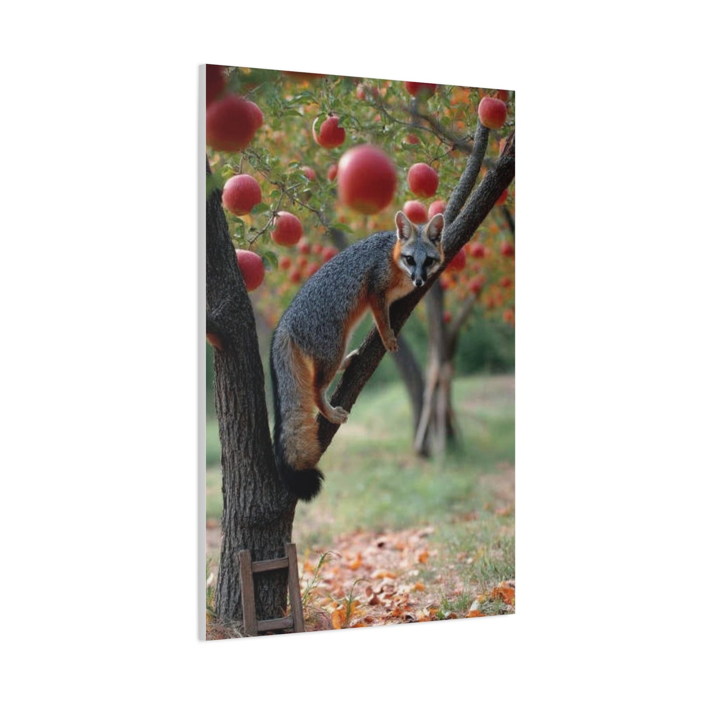 Orchard Gray Fox Climbing Apple Tree Wall Art & Canvas Print