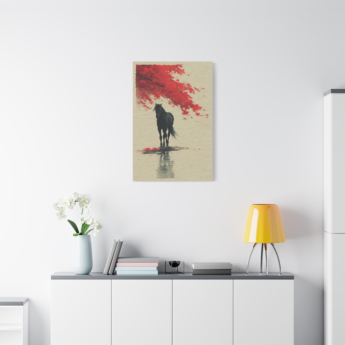 Minimal Horse Silhouette Under Red Maple Wall Art & Canvas Print