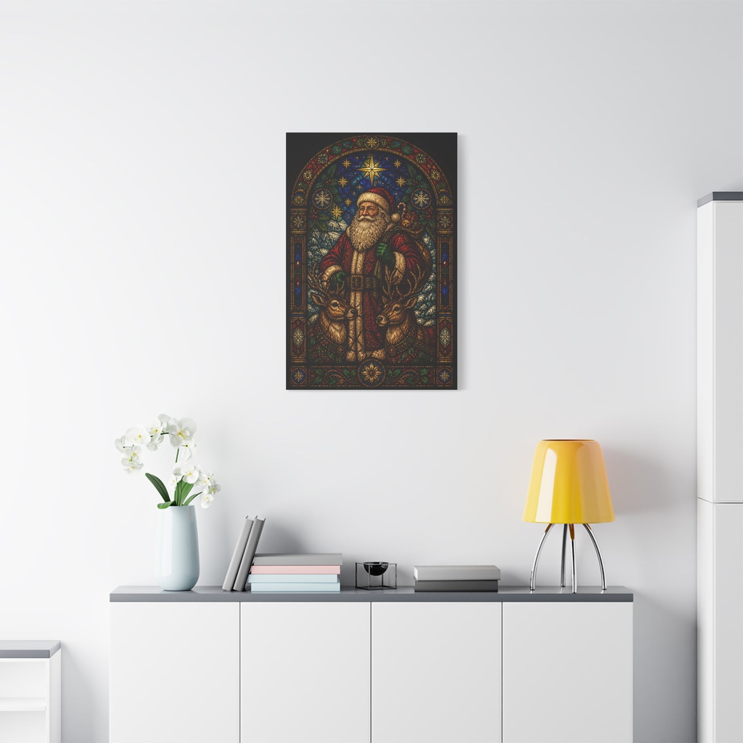 Stained Glass Santa and Reindeer Wall Art & Canvas Print