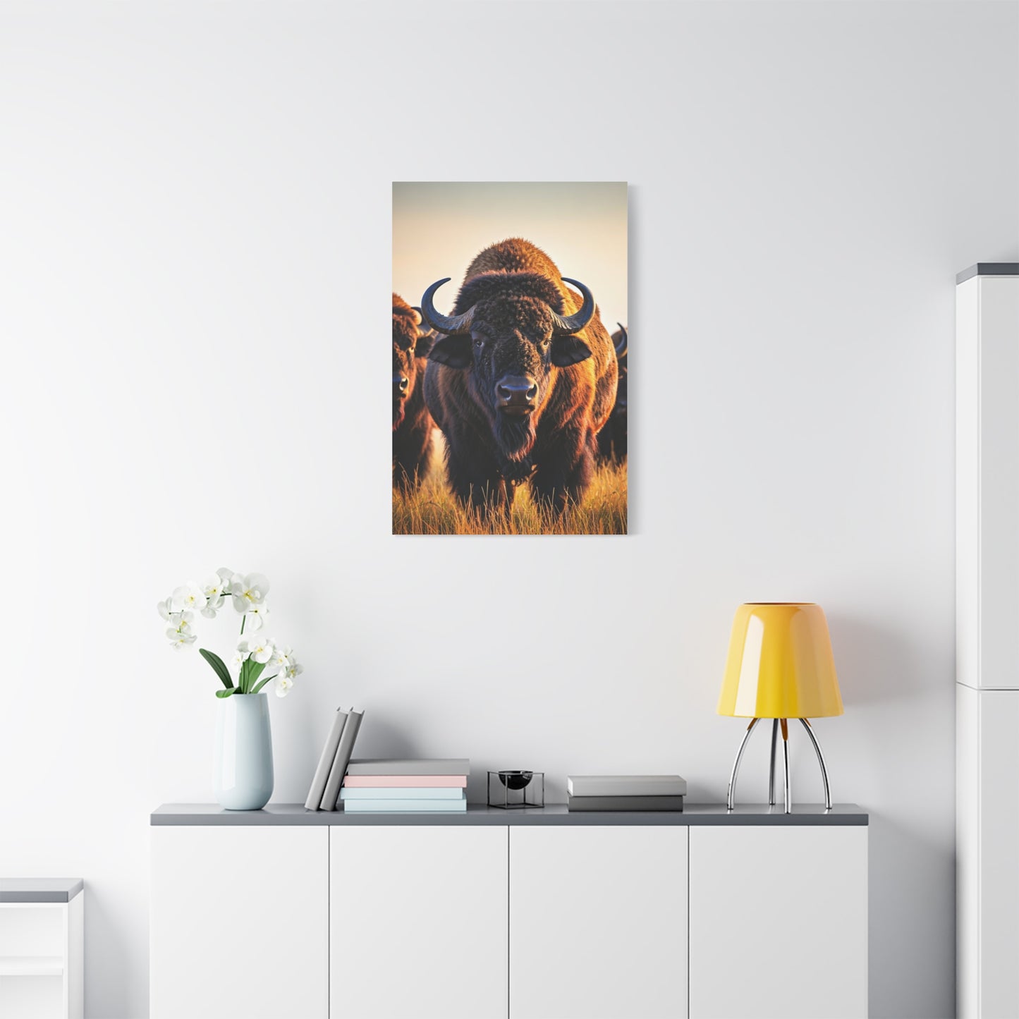Bison Herd Leader in Golden Field Wall Art & Canvas Print