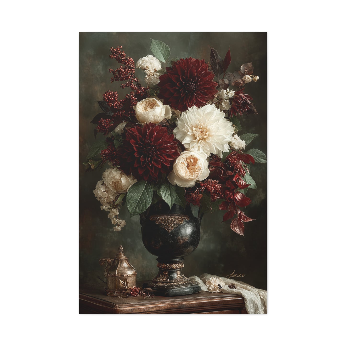Burgundy Dahlia Floral Still Life Wall Art & Canvas Print