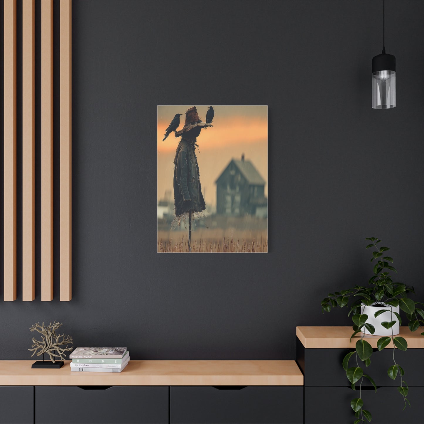 Old Scarecrow in Harvest Field with Crows Wall Art & Canvas Print