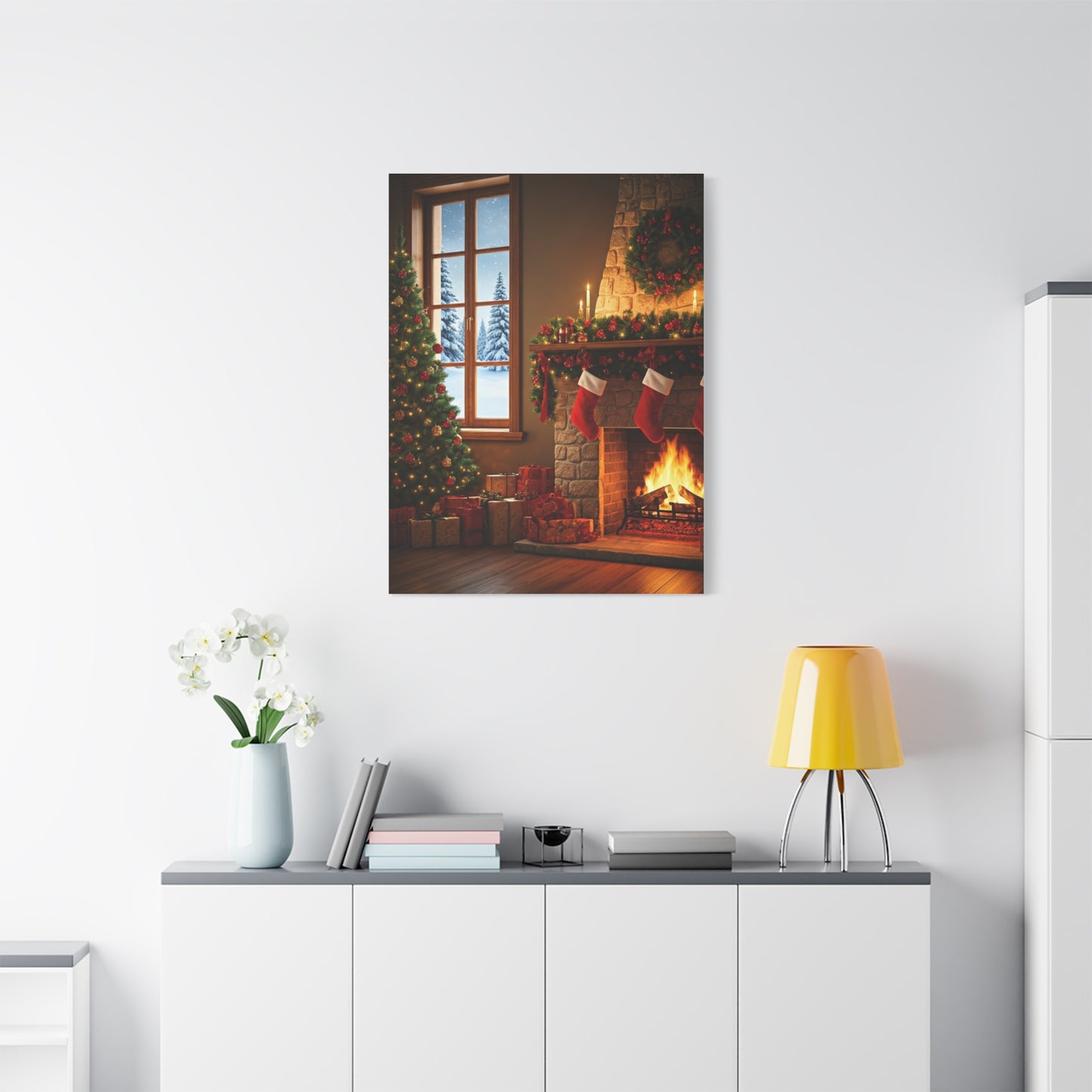 Cozy Christmas Fireplace Evening Wall Art & Canvas Print