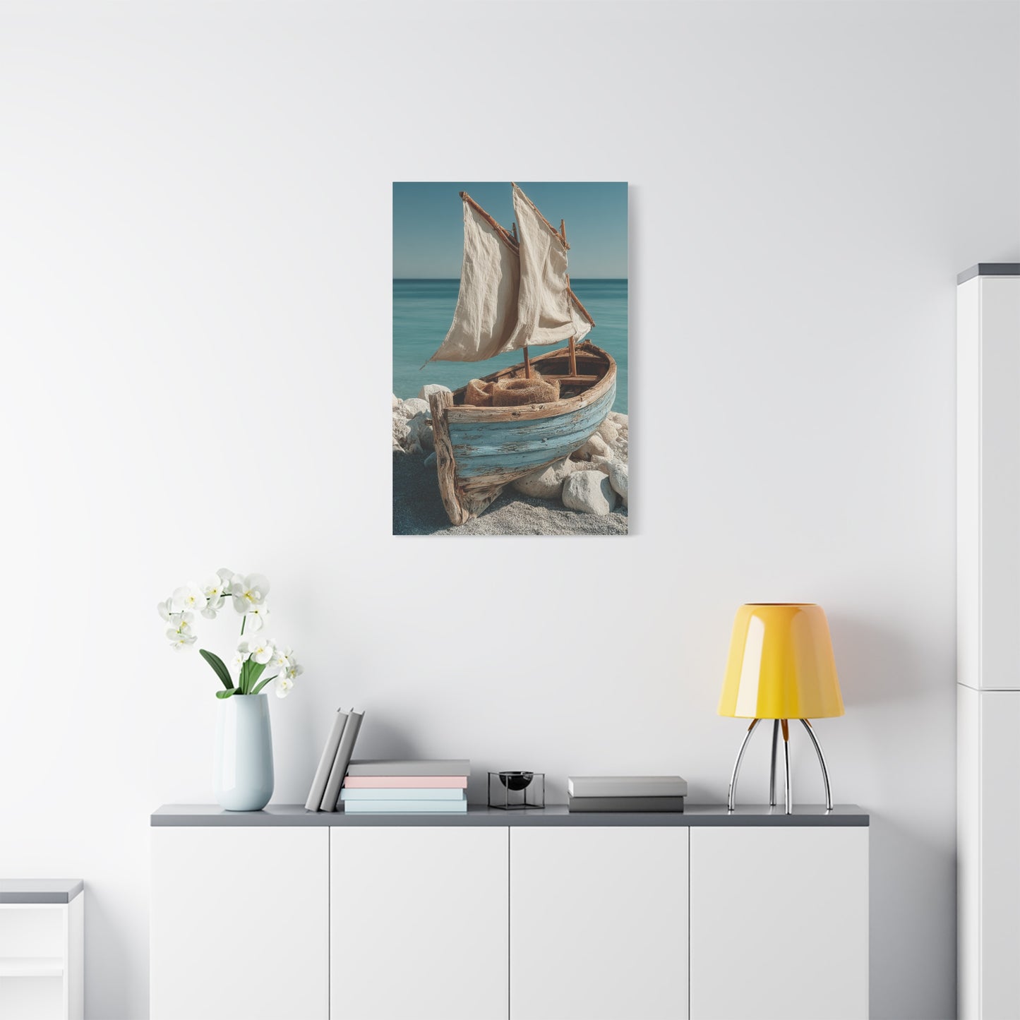 Driftwood Sailboat Coastal Sculpture Wall Art & Canvas Print