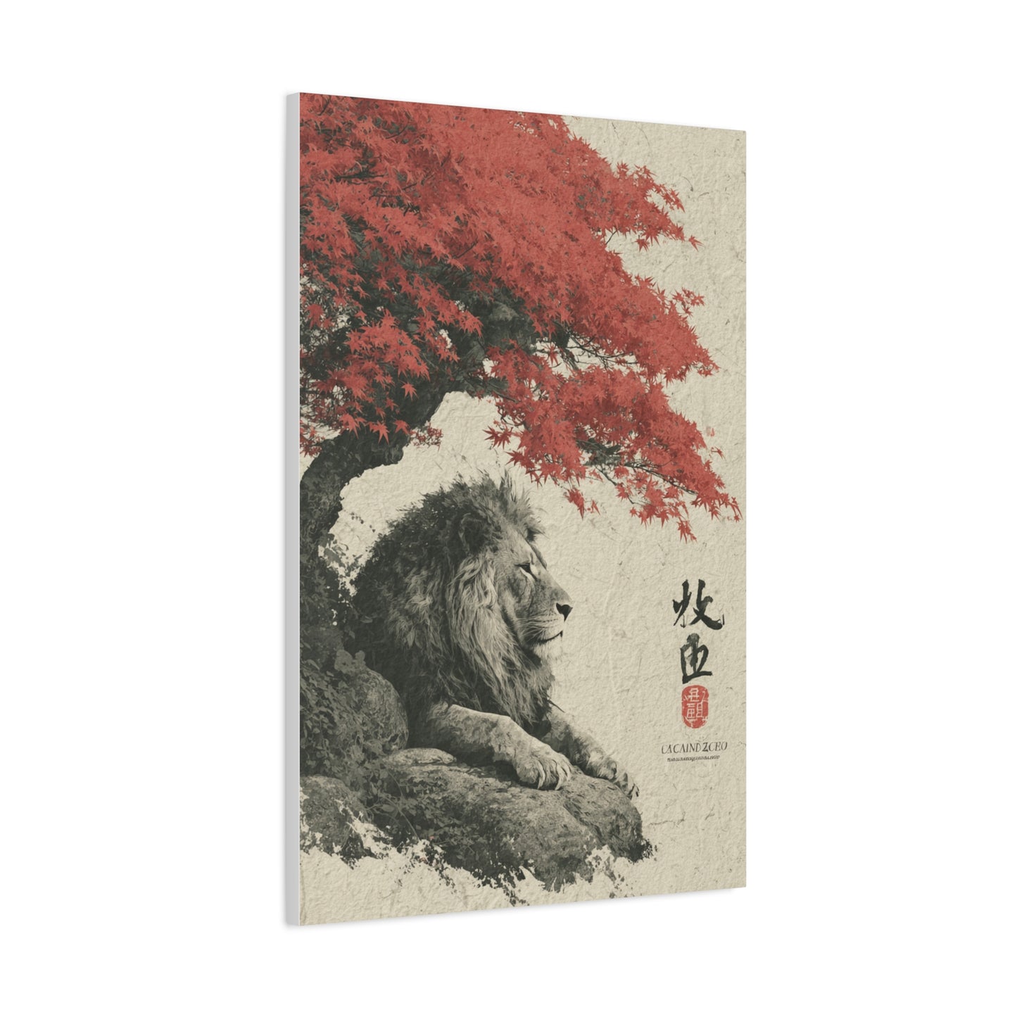 Lion Under Red Maple Zen Composition Wall Art & Canvas Print