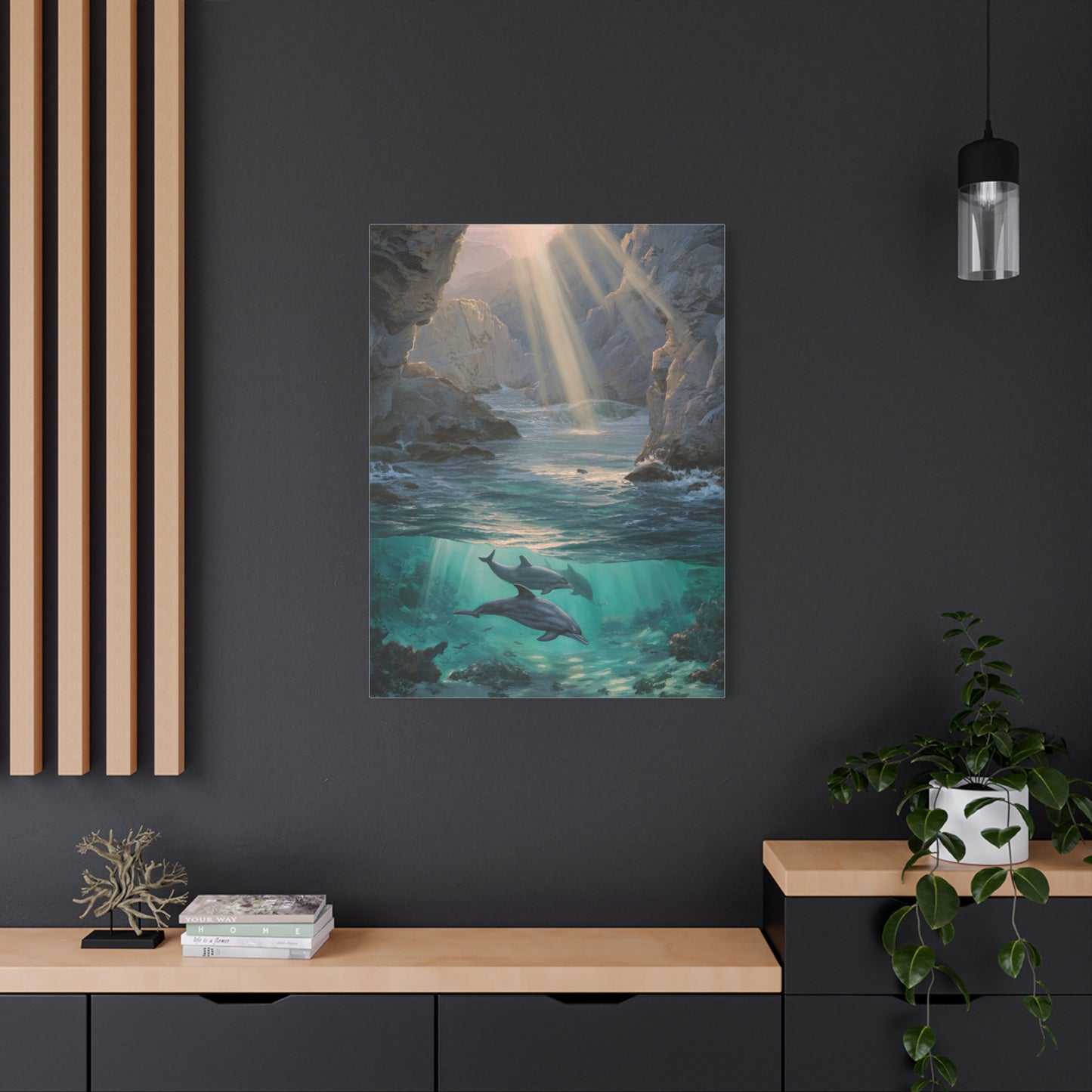 Dolphins Swimming Beneath Sunlit Coastal Waters Wall Art & Canvas Print