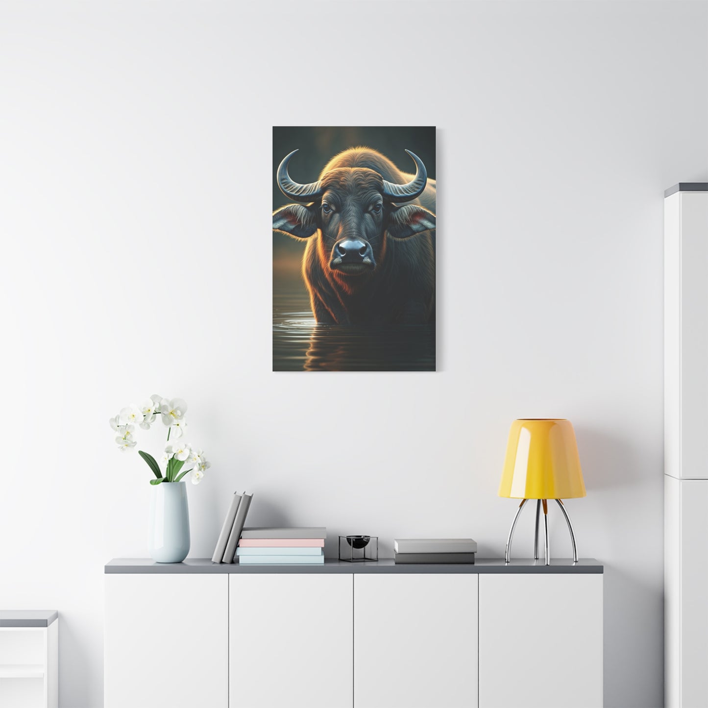 Golden Rim-Lit Buffalo Emerging from Water Wall Art & Canvas Print