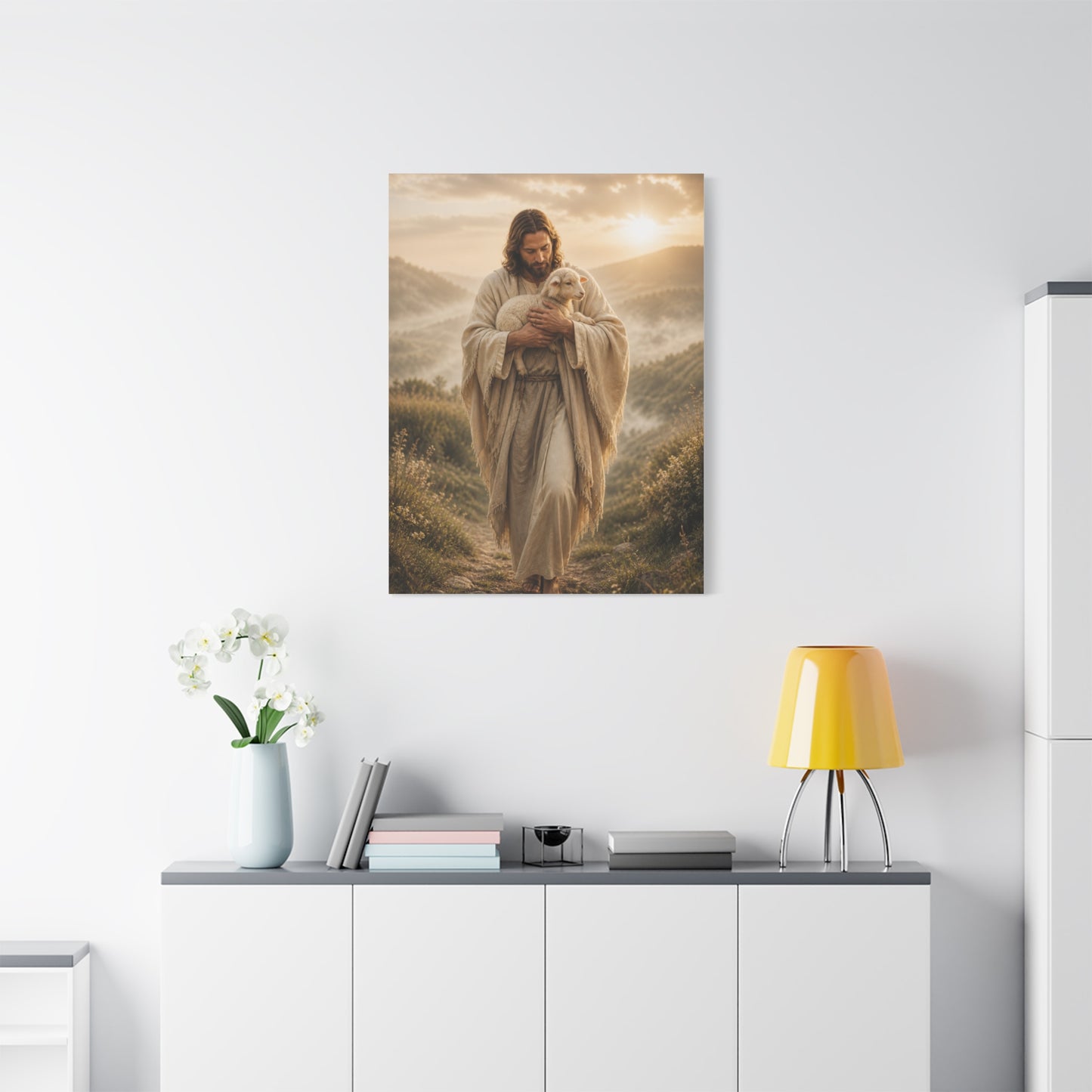 The Good Shepherd Walking with Lamb Wall Art & Canvas Print