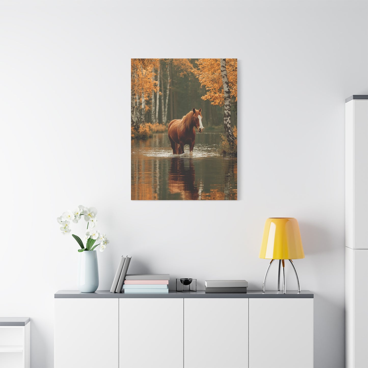 Autumn River Horse Reflection Wall Art & Canvas Print