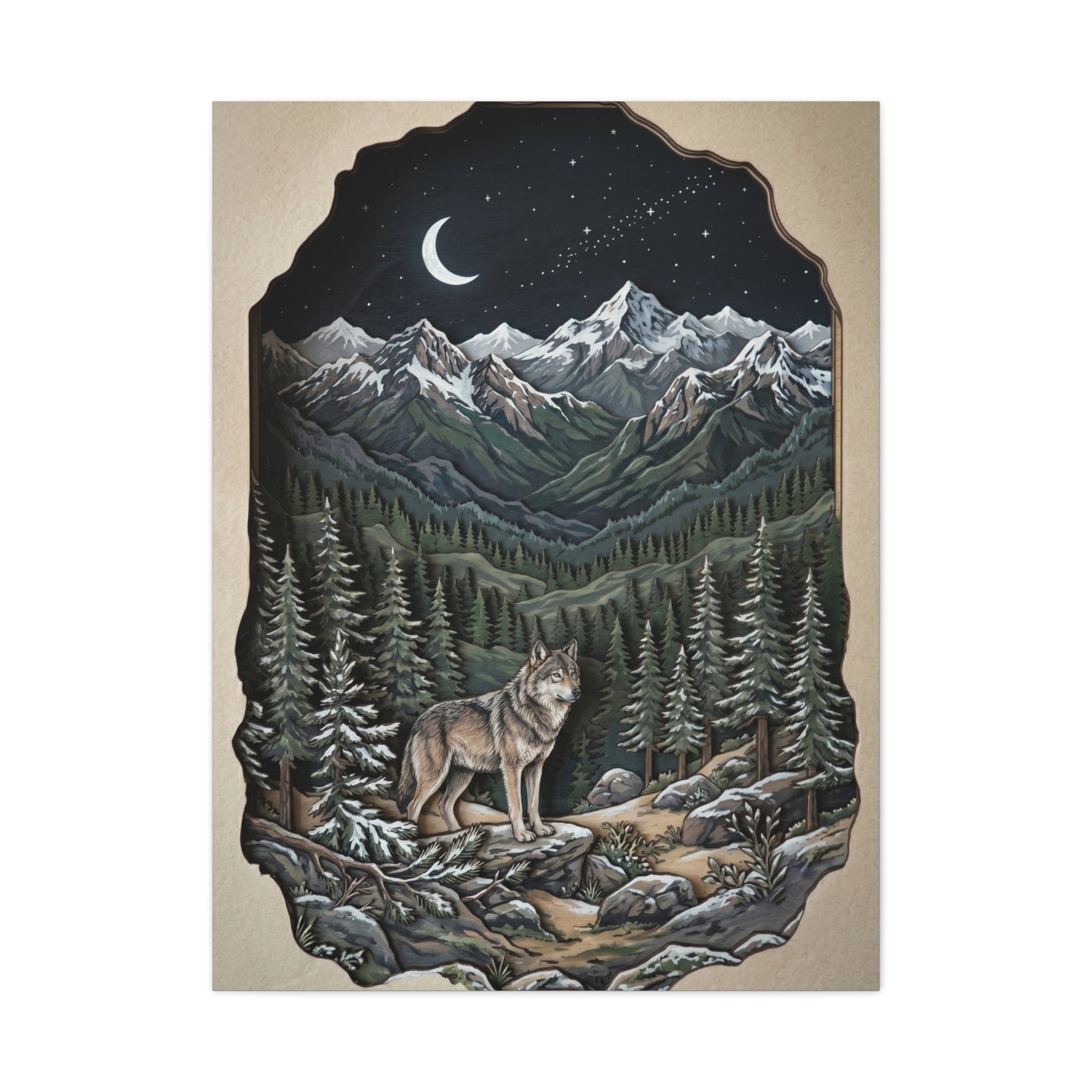 Night Forest Wolf Framed Relief Landscape Wall Art & Canvas Print