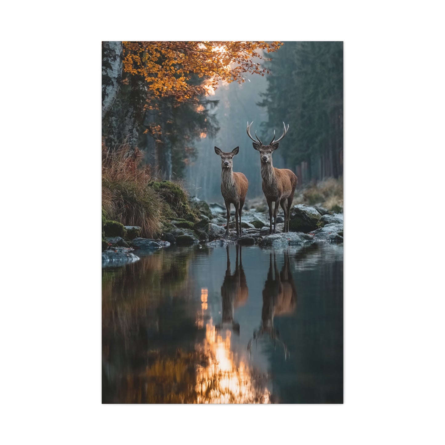 Autumn Forest Deer Reflection Wall Art & Canvas Print