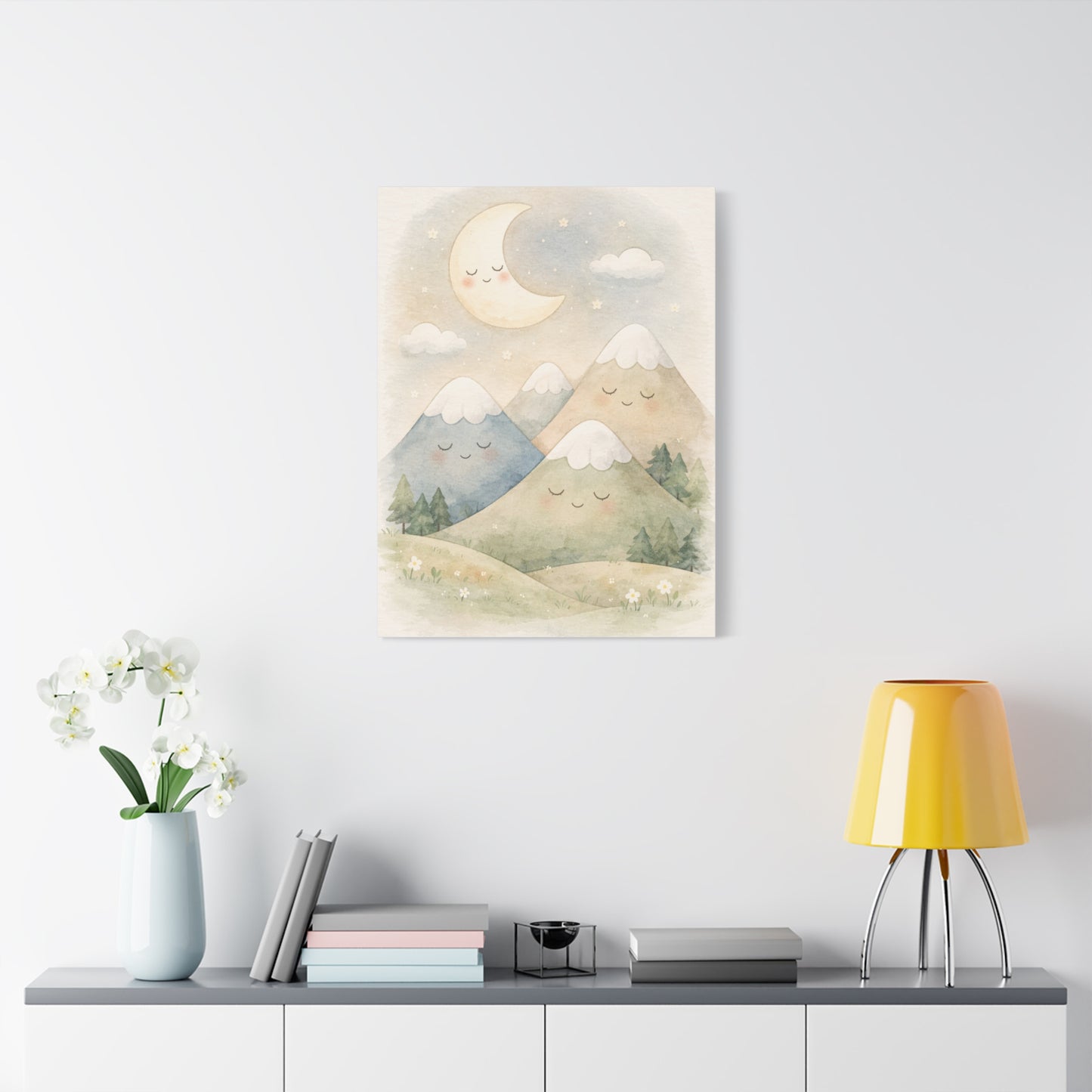 Moon & Sleepy Mountains Nursery Wall Art & Canvas Print