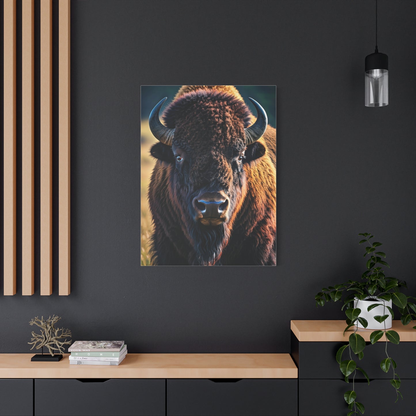 Dramatic Frontal Bison with Warm Copper Tones Wall Art & Canvas Print