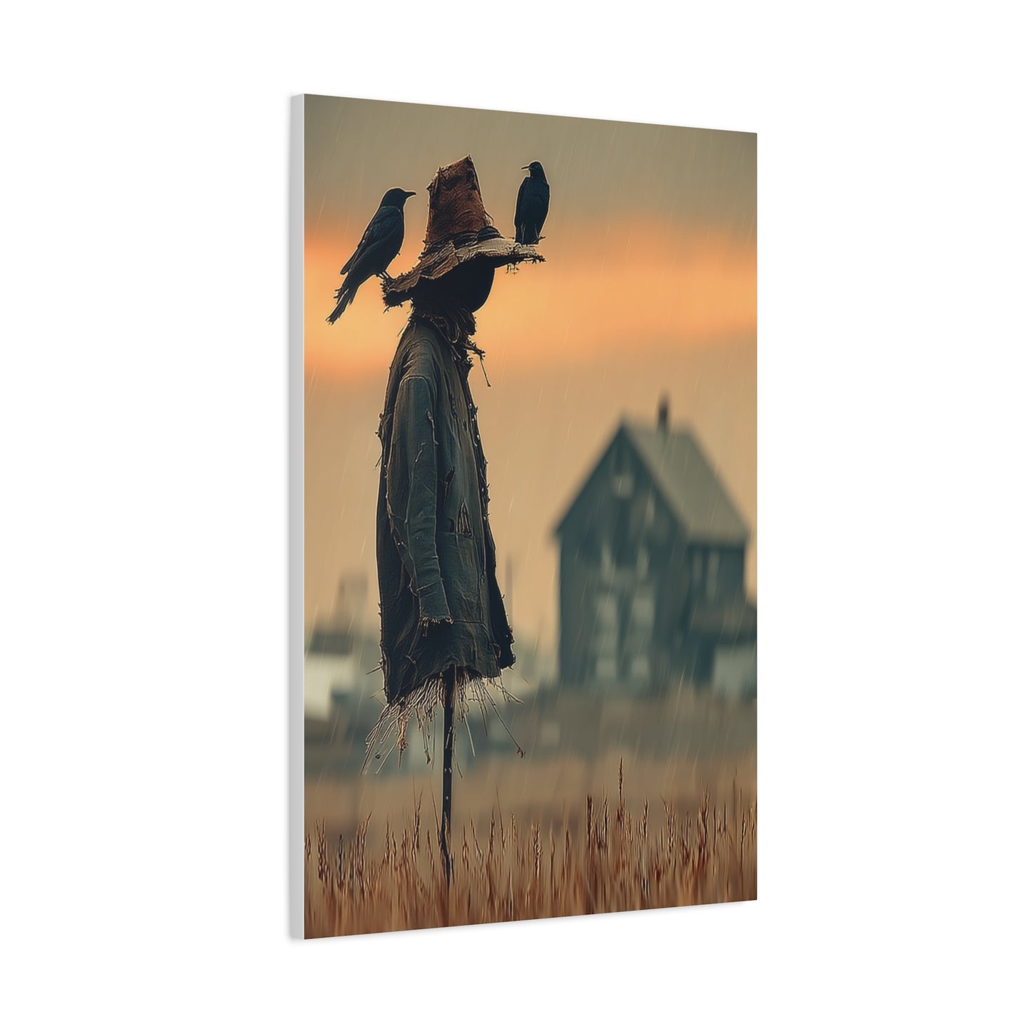 Old Scarecrow in Harvest Field with Crows Wall Art & Canvas Print