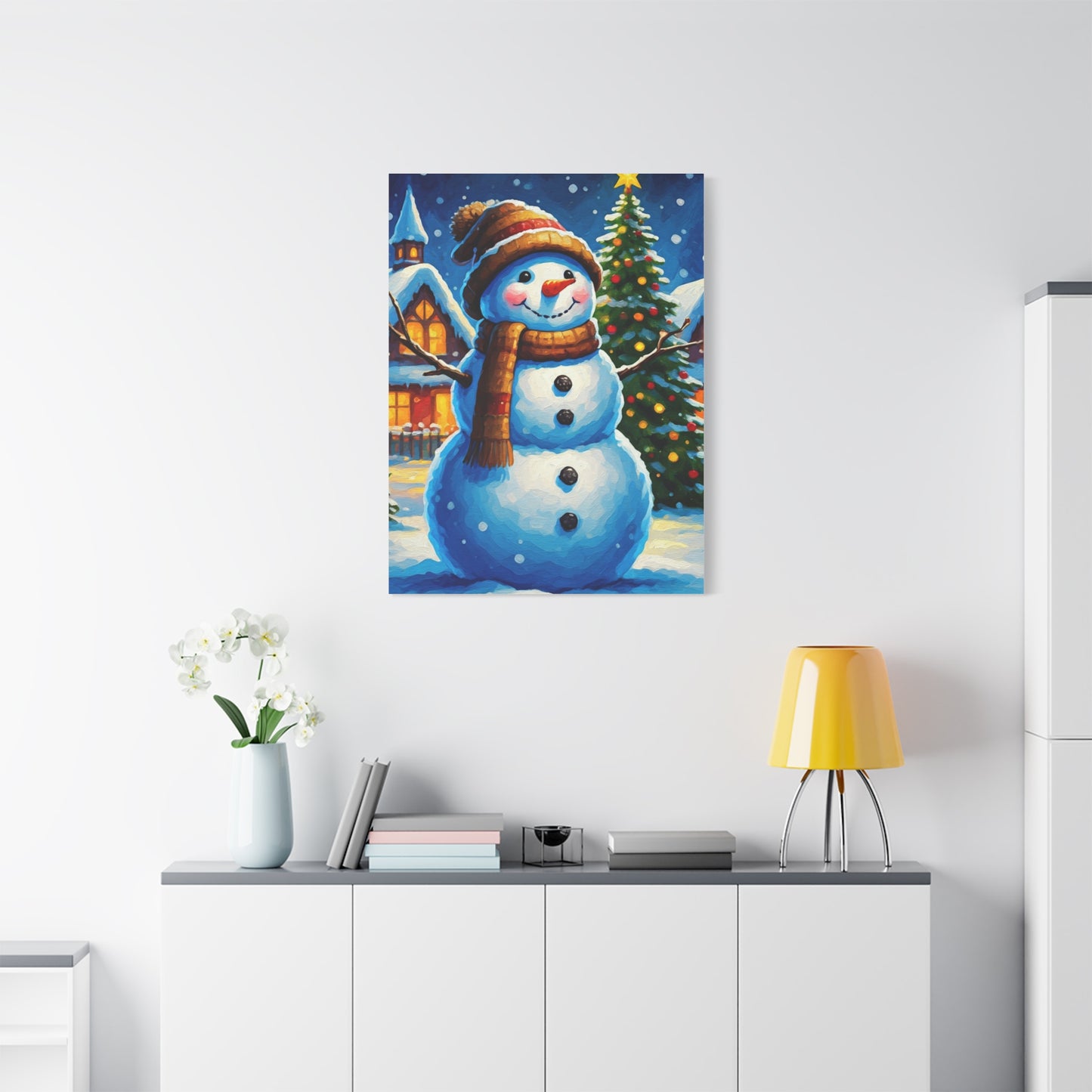 Artistic Snowman in Winter Village Scene Wall Art & Canvas Print