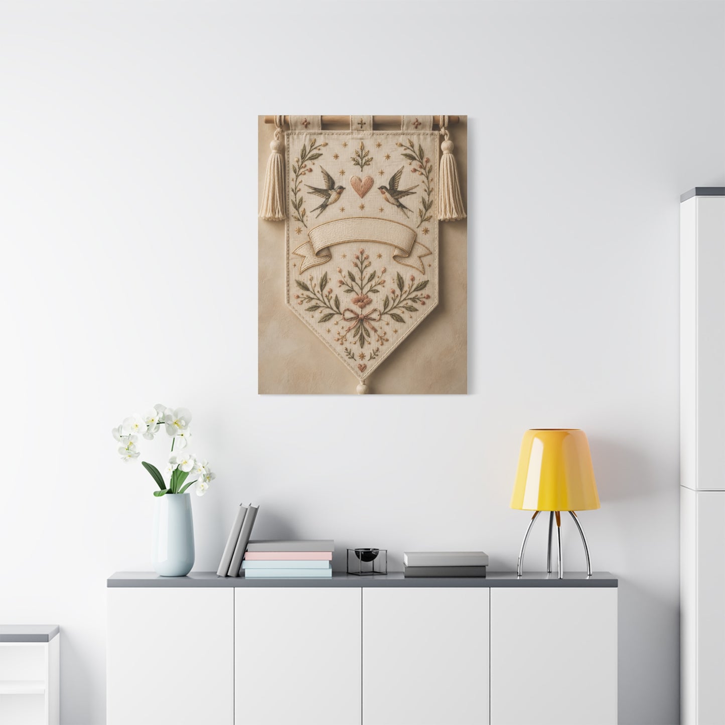 Hand-Embroidered Romantic Birds Textile Wall Art & Canvas Print
