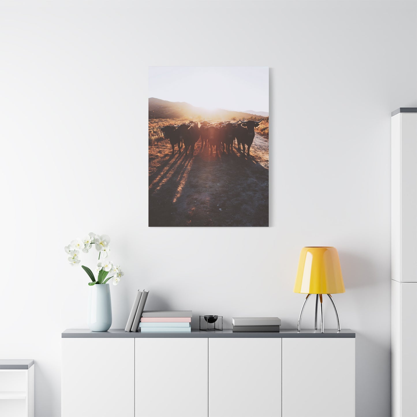 Sunset Bull Herd Silhouette Wall Art & Canvas Print