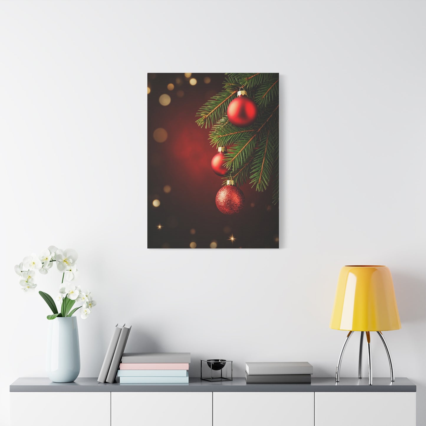 Red Christmas Tree Ornaments on Pine Branch Wall Art & Canvas Print