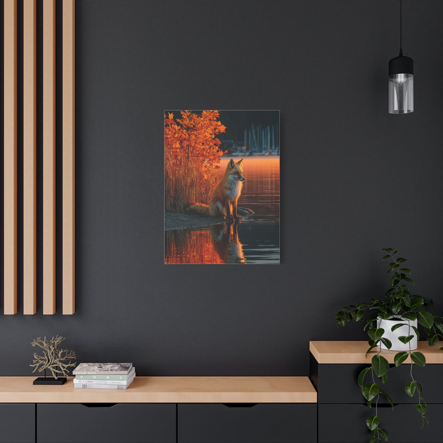 Autumn Lakeside Fox Reflection Wall Art & Canvas Print