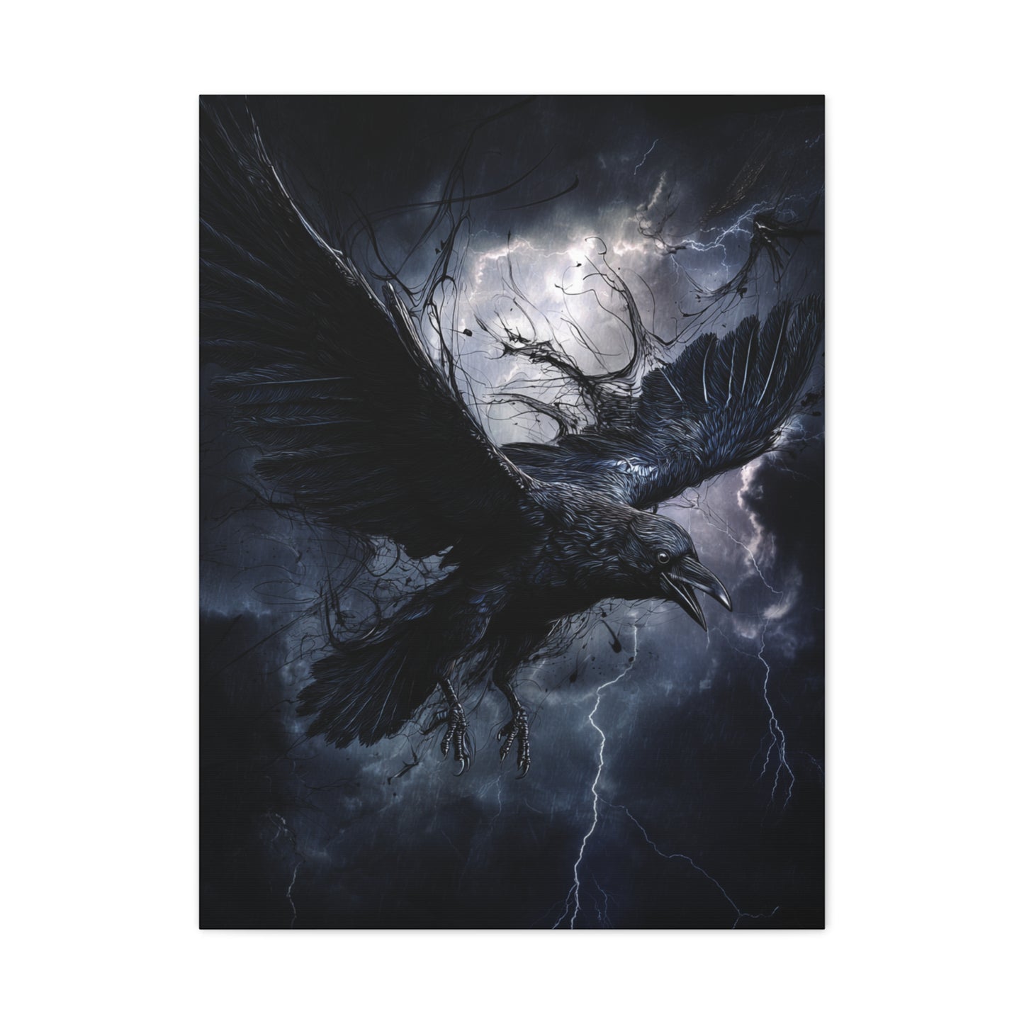 Raven Flying Through Storm Lightning Wall Art & Canvas Print