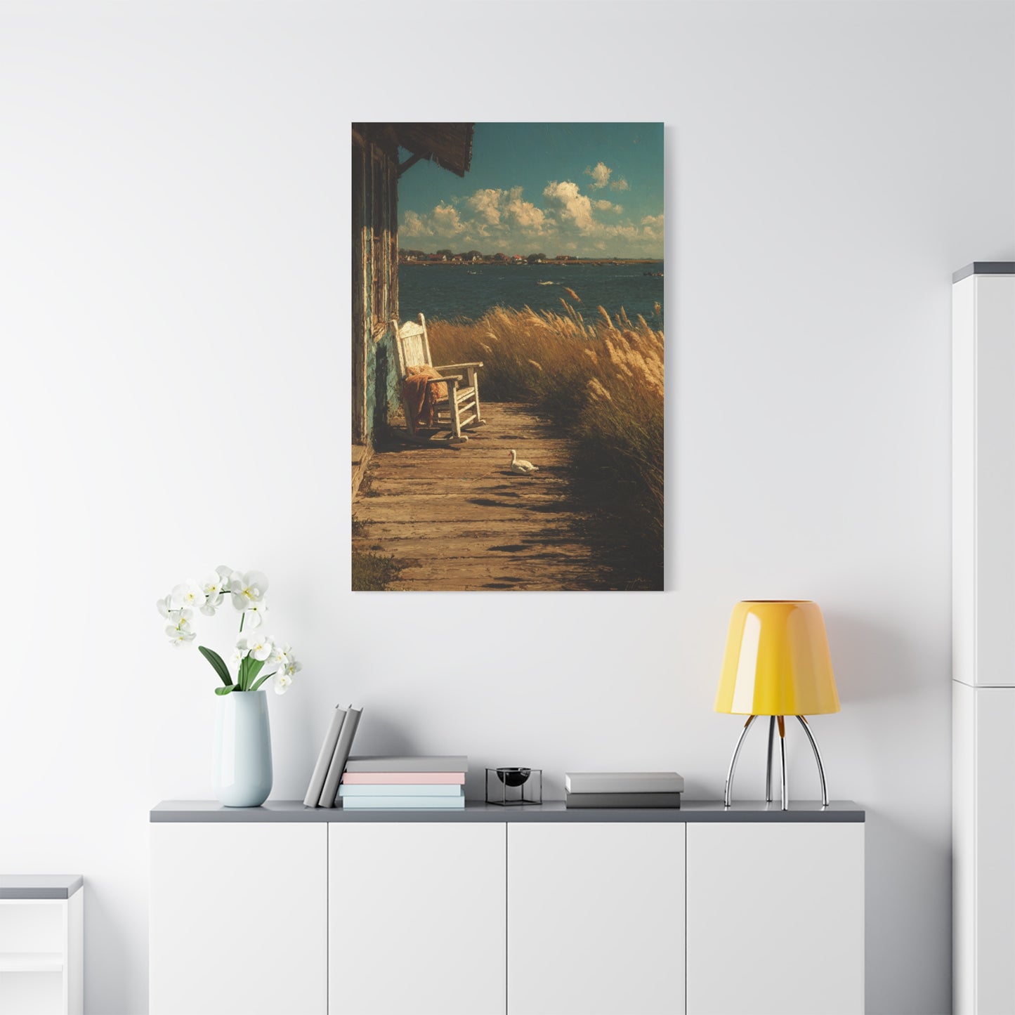 Farmhouse Lakeside Porch Scene Wall Art & Canvas Print