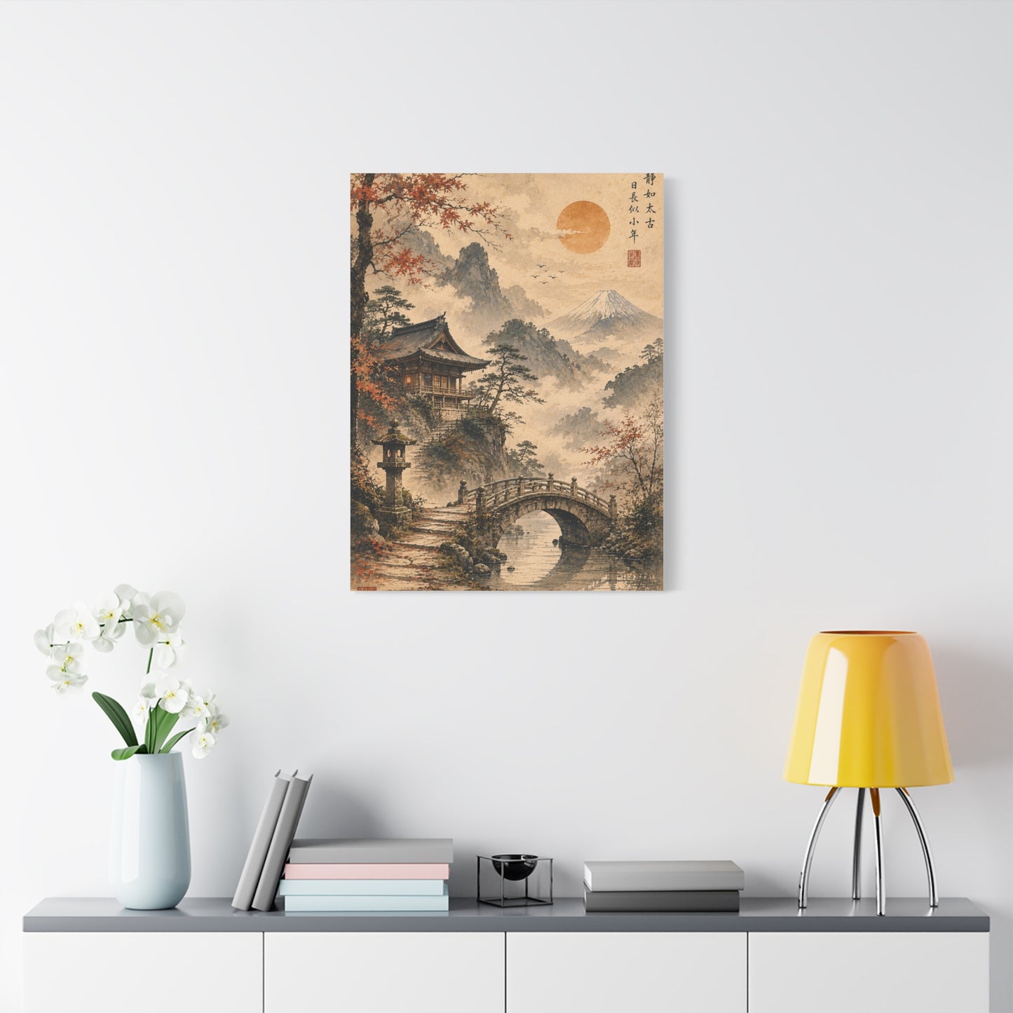 Kyoto Temple Bridge Mist Landscape Wall Art & Canvas Print