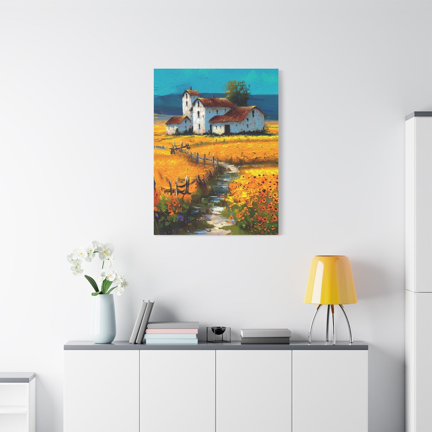 Sunflower Farmhouse Field Landscape Wall Art & Canvas Print