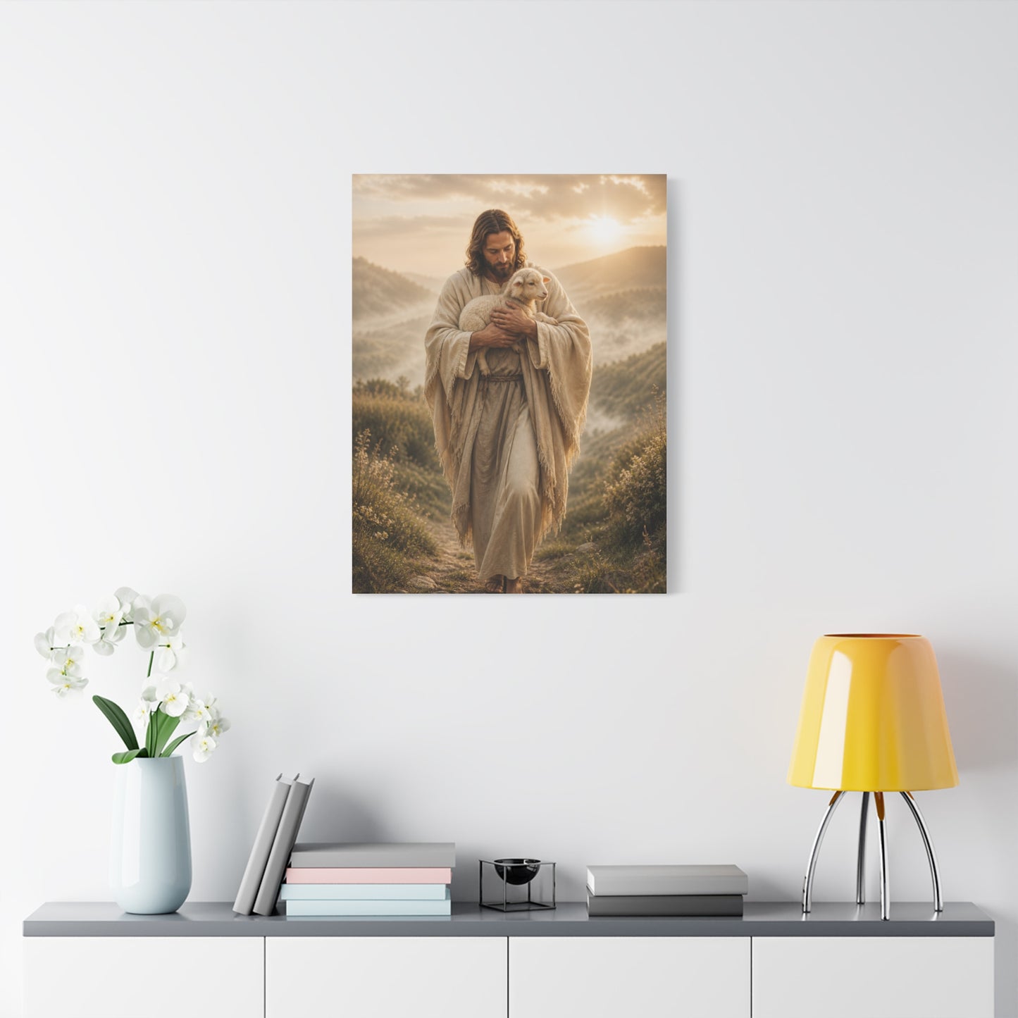 The Good Shepherd Walking with Lamb Wall Art & Canvas Print
