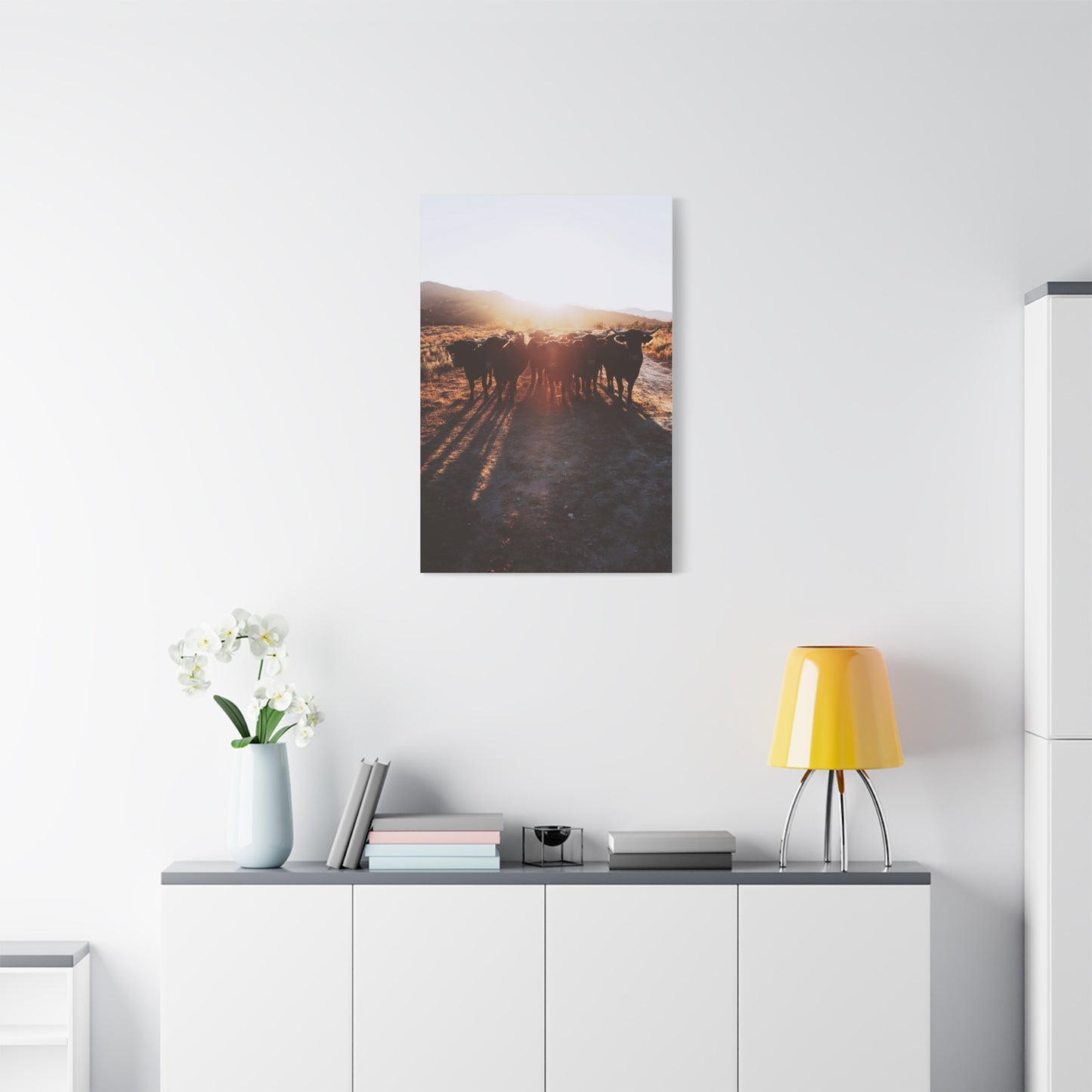 Sunset Bull Herd Silhouette Wall Art & Canvas Print