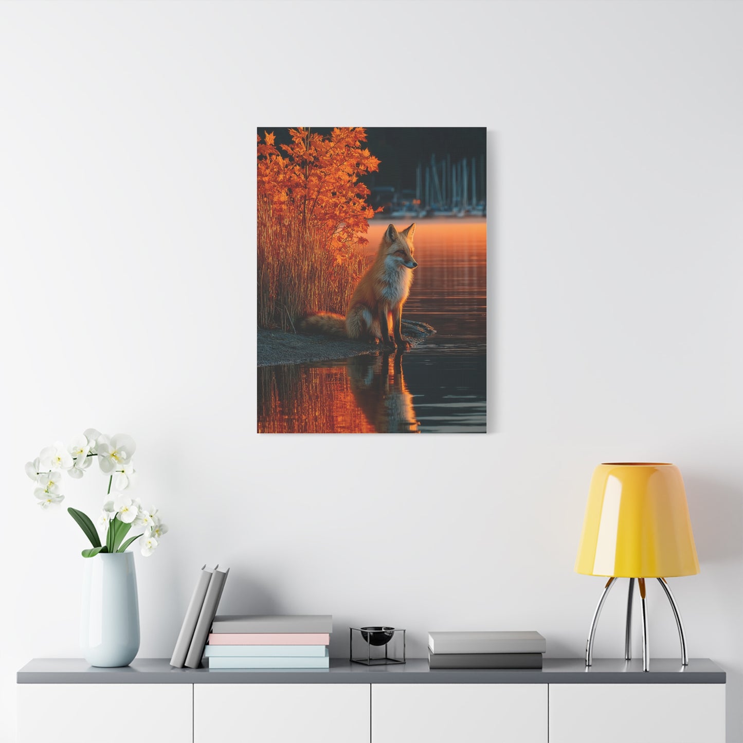 Autumn Lakeside Fox Reflection Wall Art & Canvas Print