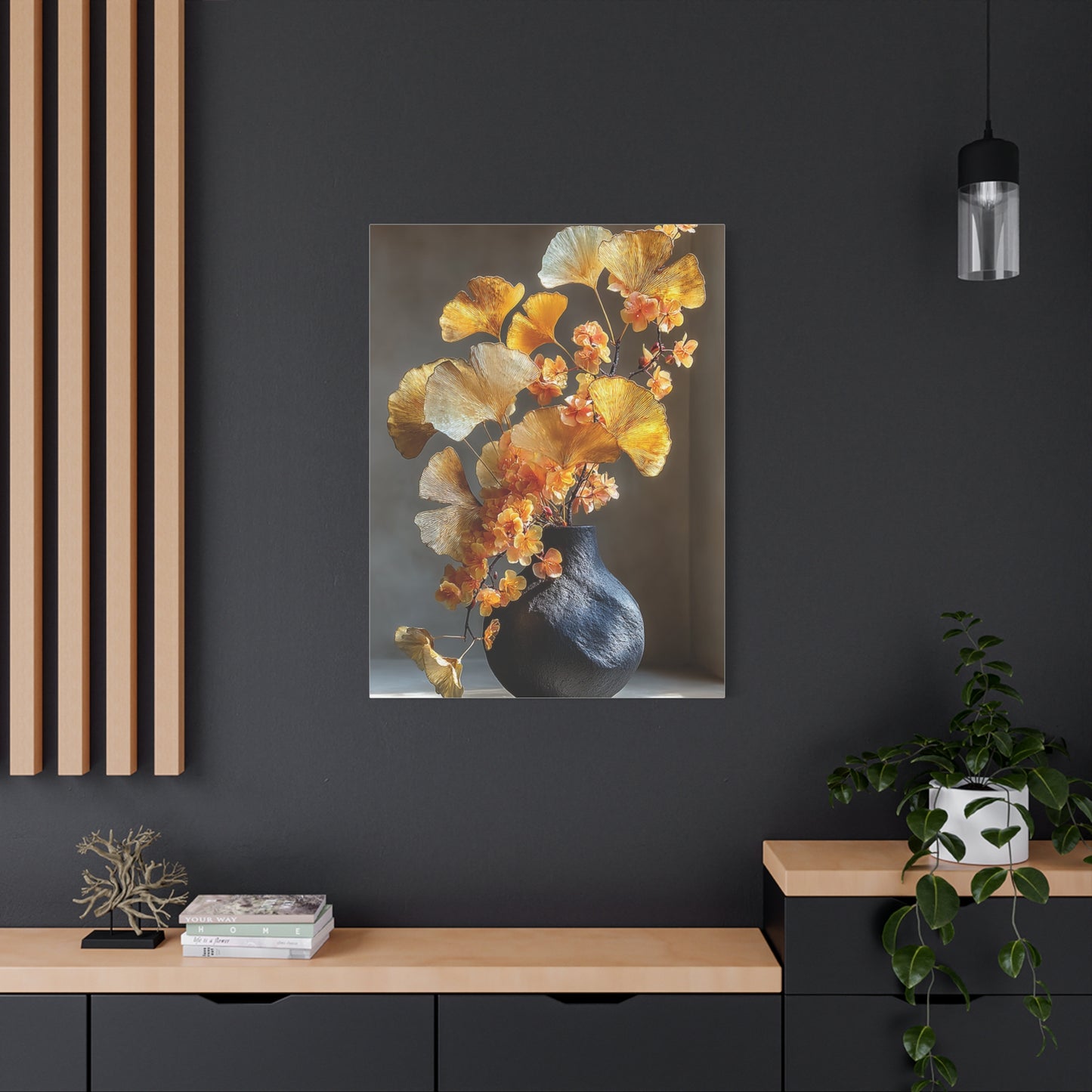 Gold Ginkgo Floral Vase Wall Art & Canvas Print